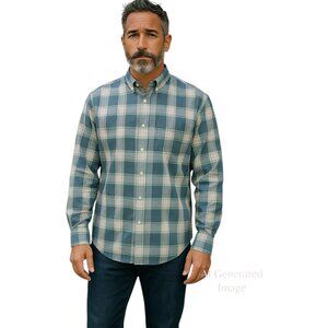 J Crew LIGHT WEIGHT Buffalo Plaid Blue Green Gray Front Button Shirt Men Sz XL